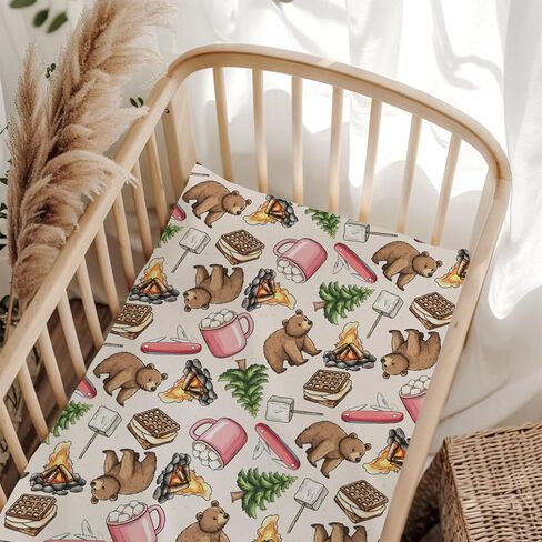 Cute Camping Bear Pine Trees Pink Fitted Baby Crib Sheet for Boys Girls 52x28Inch Bears Cookie Campfire Baby Sheet for Standard Crib and Toddler Camp Bed Mattress Bear One Size in Saudi Arabia