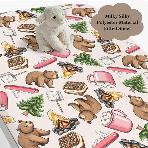 Cute Camping Bear Pine Trees Pink Fitted Baby Crib Sheet for Boys Girls 52x28Inch Bears Cookie Campfire Baby Sheet for Standard Crib and Toddler Camp Bed Mattress Bear One Size in Saudi Arabia