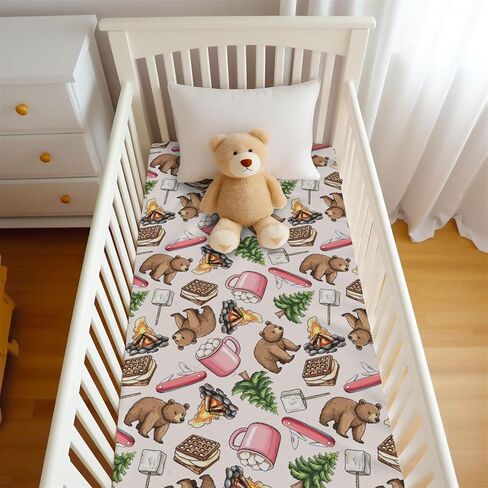 Cute Camping Bear Pine Trees Pink Fitted Baby Crib Sheet for Boys Girls 52x28Inch Bears Cookie Campfire Baby Sheet for Standard Crib and Toddler Camp Bed Mattress Bear One Size in Saudi Arabia