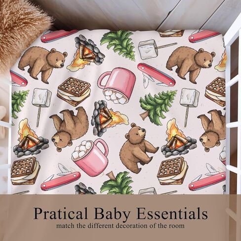 Cute Camping Bear Pine Trees Pink Fitted Baby Crib Sheet for Boys Girls 52x28Inch Bears Cookie Campfire Baby Sheet for Standard Crib and Toddler Camp Bed Mattress Bear One Size in Saudi Arabia