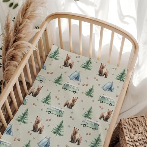 Cute Camping Bear Pine Trees Pink Fitted Baby Crib Sheet for Boys Girls 52x28Inch Bears Cookie Campfire Baby Sheet for Standard Crib and Toddler Camp Bed Mattress Bear One Size in Saudi Arabia