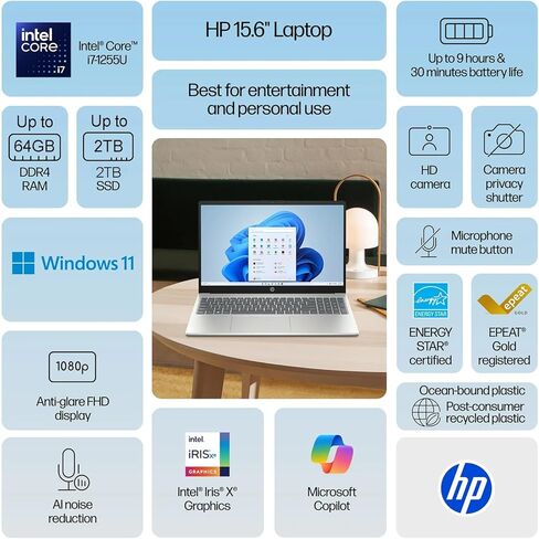 HP New Core i7 15.6" Laptop | 2026 Edition | Intel High-Performance Core i7-1255U up to 4.7GHz | 16GB RAM - 512GB PCIe SSD | Webcam | FHD | Long Battery Life | Windows 11 | Business & Academic in Saudi Arabia