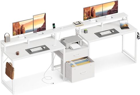 Casaottima 98 "2 شخص 2 Gaming Custom Desk with Fabric Drawer & File Cabinet ، وشاحنان كتابة مكتب Office Office مع منفذ الطاقة وضوء LED ومراقبة ، ورفوف التخزين ، والأبيض in Kuwait