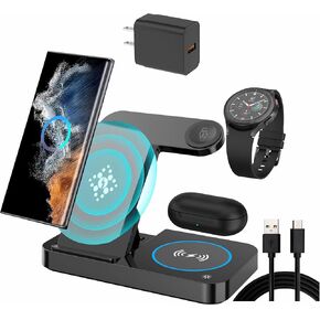 محطة شحن 3 في 1 لهاتف Samsung Android: شاحن هاتف وساعة لاسلكي لهاتف Galaxy S25 Ultra/S24/S23/Z Fold، حامل شاحن لاسلكي لساعة Galaxy Watch 9/8/7/6/5 Earbuds 3/2/Pro (أسود) in Kuwait