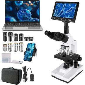 [درجة بحثية] مجاهر ثلاثية العينيات مجمعة من Chaovveion Lab تكبير 40X-2500X مع شاشة LCD مقاس 7 بوصات وعدسة إلكترونية 5 ميجابكسل، مرحلة ميكانيكية من طبقتين لتربية الحيوانات والمختبر والمزارع in Kuwait