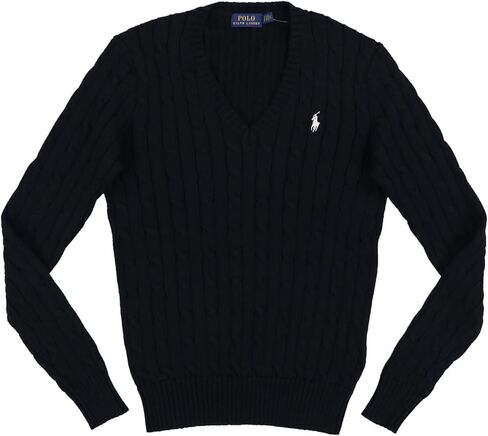 Polo RL Women's Cable Knit V-Neck Pony Sweater-Polo Black-Small in Saudi Arabia
