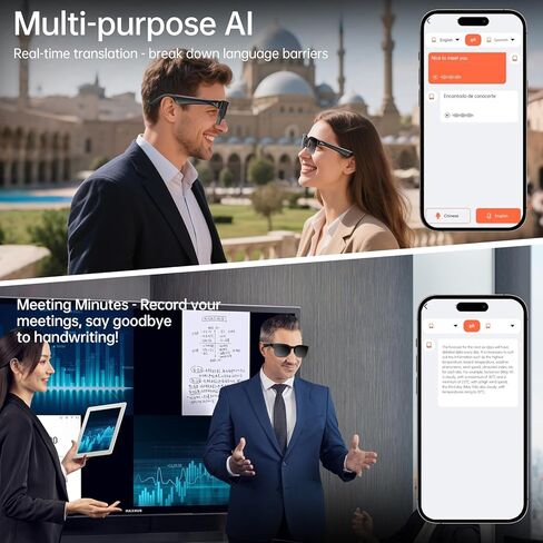 Smart Glasses with AI Translator, V6.0 Bluetooth Glasses with 150+ Translation, Smart Sunglasses for Men & Woman, 120H Long Standby Music Glasses, UV Protection, IPX5 Waterproof, Hands-Free Calls in Kuwait