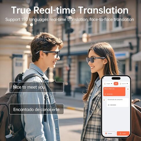 Smart Glasses with AI Translator, V6.0 Bluetooth Glasses with 150+ Translation, Smart Sunglasses for Men & Woman, 120H Long Standby Music Glasses, UV Protection, IPX5 Waterproof, Hands-Free Calls in Kuwait