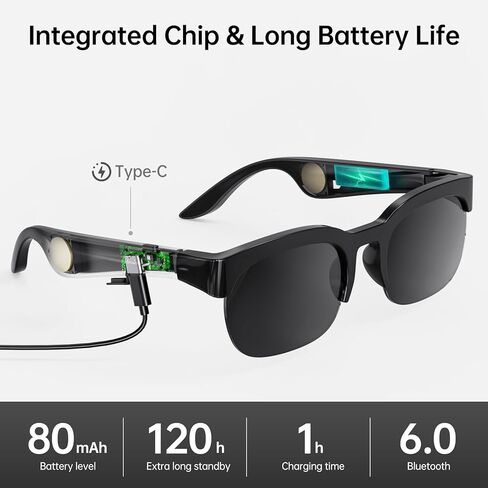 Smart Glasses with AI Translator, V6.0 Bluetooth Glasses with 150+ Translation, Smart Sunglasses for Men & Woman, 120H Long Standby Music Glasses, UV Protection, IPX5 Waterproof, Hands-Free Calls in Kuwait