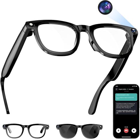 AI Translation Smart Glasses with 800W Camera, ENC Noise Cancelling Bluetooth 5.0, Real-Time Multilingual Translation (25 Languages), ChatGPT Compatible for Travel & Business (Black) in Saudi Arabia