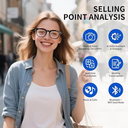 AI Translation Smart Glasses with 800W Camera, ENC Noise Cancelling Bluetooth 5.0, Real-Time Multilingual Translation (25 Languages), ChatGPT Compatible for Travel & Business (Black) in Saudi Arabia