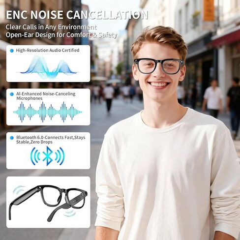 AI Translation Smart Glasses with 800W Camera, ENC Noise Cancelling Bluetooth 5.0, Real-Time Multilingual Translation (25 Languages), ChatGPT Compatible for Travel & Business (Black) in Saudi Arabia