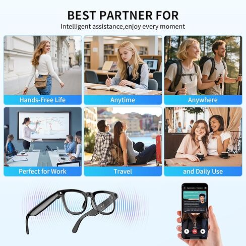 AI Translation Smart Glasses with 800W Camera, ENC Noise Cancelling Bluetooth 5.0, Real-Time Multilingual Translation (25 Languages), ChatGPT Compatible for Travel & Business (Black) in Saudi Arabia