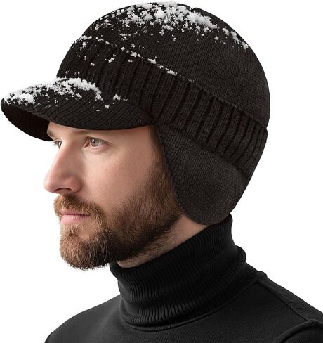 Century Star Mens Winter Hat with Visor & Earflaps,Outdoor Elastic Warm Knitted Fleece Sport Golf Baseball Beanie Cap in Saudi Arabia
