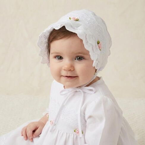 HOOLCHEAN Baby Girls 100% Cotton Bonnet Infant Soft Double Layer Sun Hat Lace Embroidery Floral Cap with Chin Strap in Saudi Arabia