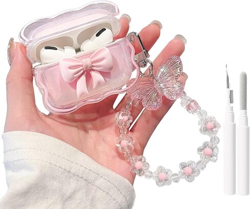 MINSCOSE Compatible with AirPods 4 Clear Case,3D Bow Pattern Design with Cute Butterfly Flower Keychain, Soft TPU Protective Shockproof Case for Airpod 4 for Girls Women-Pink in Saudi Arabia