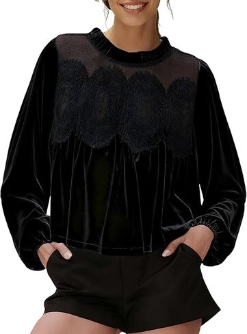 Velvet Tops for Women Lace Patchwork Mesh Top Elegant Babydoll Long Puff Sleeve Blouse Ruffle Vintage Shirts in Saudi Arabia