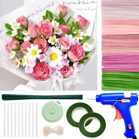 500 PCS أنابيب أنابيب لزهور وحرف DIY - 5 ألوان تنبع Chenille مع مدافع الغراء وقياس الشريط - مثالي للمرح العائلي والإبداع ، ديكورات العطلات والغرفة (الوردي ، 12 بوصة × 8 مم) in Saudi Arabia