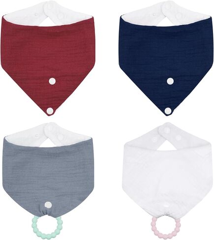 Organic Cotton Baby Drool Bibs 4-Pack with 2 Round Teething Toys for for 0-24 Months Super Absorbent Drool Protection in Saudi Arabia