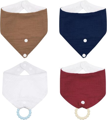 Organic Cotton Baby Drool Bibs 4-Pack with 2 Round Teething Toys for for 0-24 Months Super Absorbent Drool Protection in Saudi Arabia