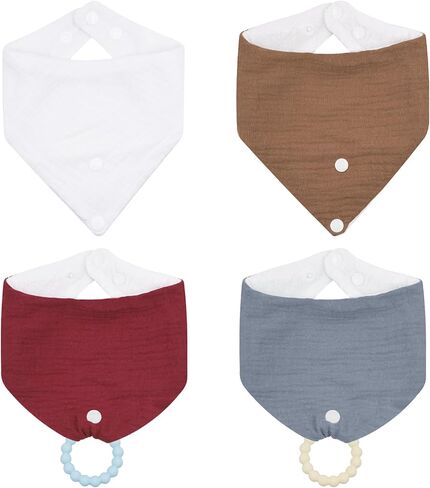 Organic Cotton Baby Drool Bibs 4-Pack with 2 Round Teething Toys for for 0-24 Months Super Absorbent Drool Protection in Saudi Arabia