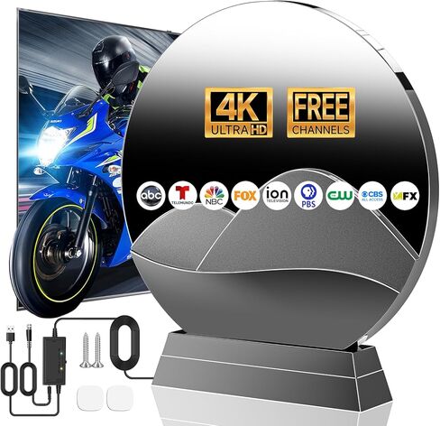 هوائي تلفزيون 2026 داخلي، هوائي رقمي يزيد عن 3600 ميل للتلفزيون الذكي الداخلي والخارجي، هوائي HDTV للقنوات المحلية مع معزز إشارة مضخم يدعم استقبال 360 درجة 4K 8K 1080P-38ft كابلات in Kuwait