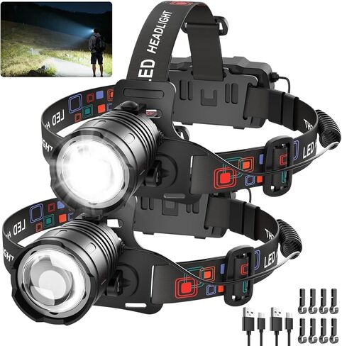 Rechargeable Headlamp High Lumen, 3000L Super Bright Head Lamp, 90° Rotatable Head Lights for Forehead, Adjustable Focus Headlight Flashlight, 4Modes LED Headlamps for Adults Hardhat Camping (2Pack) in Kuwait