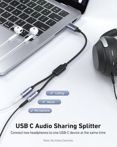 BENFEI USB C إلى موزع صوت مزدوج 3.5 مم، محول سماعة رأس لشخصين لمشاركة الموسيقى والأفلام، متوافق مع iPhone 16/15 Pro Max/Pro/Plus، وSamsung GalaxyS23/S22، وiPad Pro، وMacBook، وPixel والمزيد in Saudi Arabia