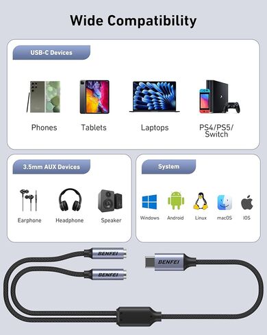 BENFEI USB C إلى موزع صوت مزدوج 3.5 مم، محول سماعة رأس لشخصين لمشاركة الموسيقى والأفلام، متوافق مع iPhone 16/15 Pro Max/Pro/Plus، وSamsung GalaxyS23/S22، وiPad Pro، وMacBook، وPixel والمزيد in Saudi Arabia