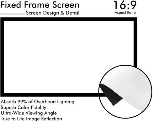 120" Fixed Frame Projector Screen UST/Short Throw/Standard Compatible 16:9 4K/8K Ultra HD HDR Wide Viewing Angle Active 3D PVC Slim Aluminum Frame Wall Mount for Home Theater & Office - White in Saudi Arabia