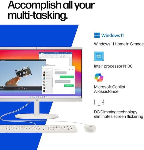 كمبيوتر مكتبي HP 2025 مقاس 21.5 بوصة FHD الكل في واحد، معالج Intel 4-Core N100، ذاكرة الوصول العشوائي DDR5 سعة 8 جيجابايت، تخزين 128 جيجابايت، مساعد الطيار AI، Wi-Fi 6، RJ-45، Windows 11 في وضع S، لوحة مفاتيح وماوس متضمن، مع كابل HDMI in Kuwait