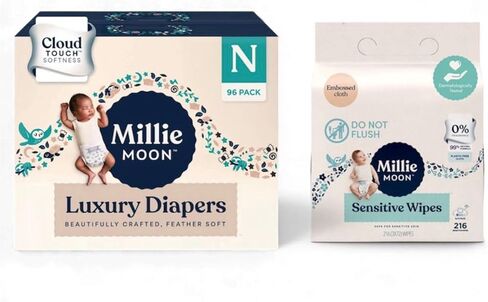 Millie Moon Luxury Cloud Touch Diapers (Newborn-Size and count-96) Sensitive Wipes of Embossed Cloth (3 Pack Each-72count) in Saudi Arabia