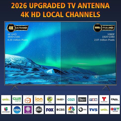 هوائي تلفزيون 2026 للقنوات المحلية، هوائي للأجهزة الذكية مع استقبال معزز للإشارة 360 درجة، هوائي رقمي نطاق 2500+ ميل يدعم تلفزيونات 8K 4K 1080p، أقوى هوائي تلفزيون عالي الدقة داخلي، كابل محوري بطول 25 قدم in Kuwait