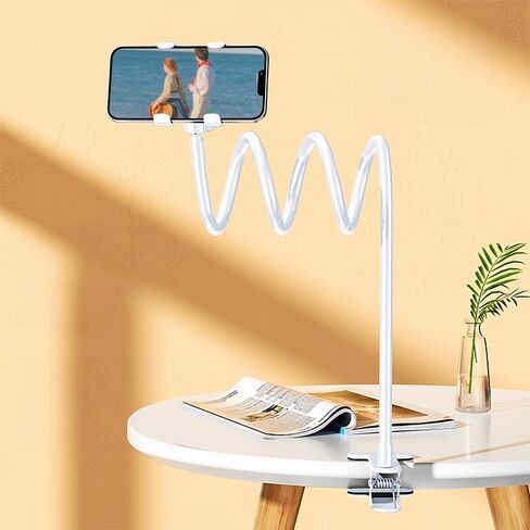 Cell Phone Clip Bed Stand Holder, Thick Alloy Flexible Arm with Grip Flexible Long Arm Gooseneck Bracket Mount Clamp for Phone Home Office Hands-Free Video Calls, White in Saudi Arabia