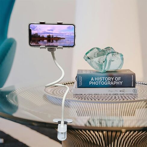 Cell Phone Clip Bed Stand Holder, Thick Alloy Flexible Arm with Grip Flexible Long Arm Gooseneck Bracket Mount Clamp for Phone Home Office Hands-Free Video Calls, White in Saudi Arabia