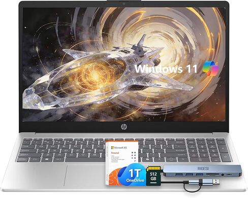 كمبيوتر محمول HP مقاس 15.6 بوصة - حل إنتاجي كامل، Windows 11 مع Microsoft Office، Intel 4 Core N100، ذاكرة الوصول العشوائي 8 جيجابايت، تخزين 1.6 تيرابايت (128 جيجابايت UFS + بطاقة SD 512 جيجابايت + 1 تيرابايت OneDrive)، مساعد الطيار AI، خفيف الوزن - فضي in Kuwait