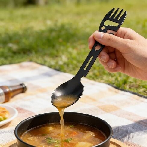 9-in-1 Multifunctional Spork - Stainless Steel Camping Utensil with Spoon, Fork, Bottle Opener, Can Opener & Survival Tools for Hiking, Backpacking, Emergency Kit (Black) in Saudi Arabia