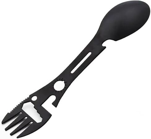 9-in-1 Multifunctional Spork - Stainless Steel Camping Utensil with Spoon, Fork, Bottle Opener, Can Opener & Survival Tools for Hiking, Backpacking, Emergency Kit (Black) in Saudi Arabia