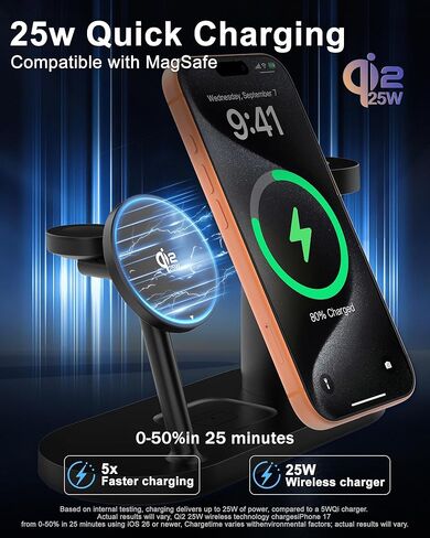 متوافق مع شاحن MagSafe، محطة شحن 4 في 1، Qi2.2 25 وات معتمدة مع ضوء ليلي LED/شاحن لاسلكي مغناطيسي لهاتف iPhone 17/16/15، وساعة Apple، وAirPods، وPixel 10 (يتضمن محول 45 وات) in Kuwait