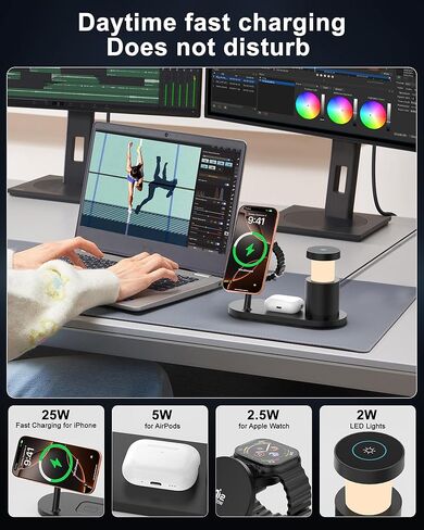 متوافق مع شاحن MagSafe، محطة شحن 4 في 1، Qi2.2 25 وات معتمدة مع ضوء ليلي LED/شاحن لاسلكي مغناطيسي لهاتف iPhone 17/16/15، وساعة Apple، وAirPods، وPixel 10 (يتضمن محول 45 وات) in Kuwait