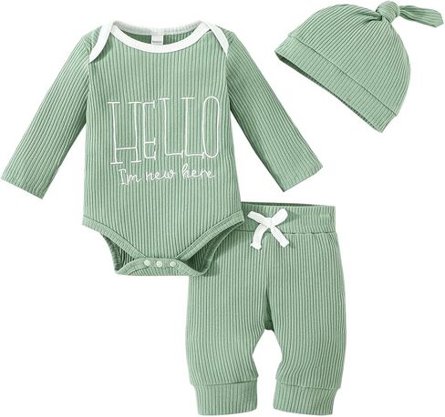 Newborn Baby Boy Clothes Coming Home Outfits Letter Print Ribbed Knitted Cotton Long-Sleeved Romper Pants Set in Saudi Arabia