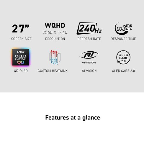 شاشة ألعاب msi MAG 274QP QD-OLED X24 مقاس 27 بوصة 2560 × 1440 (QHD)، 240 هرتز، مزامنة تكيفية، HDMI، منفذ DisplayPort، قابل للتركيب على VESA، إمالة، ارتفاع قابل للتعديل، مكبر صوت، 0.03 مللي ثانية، أسود in Kuwait