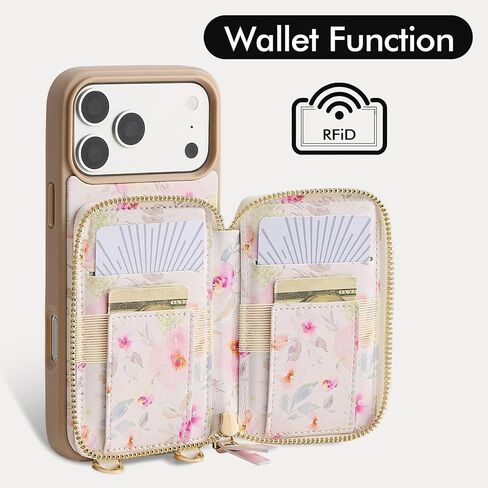 ZVE for iPhone 17 Pro Max Wallet Case Crossbody, Zipper Phone Cover with Chain Wrist Strap RFID Blocking for 6.9" Flower in Saudi Arabia