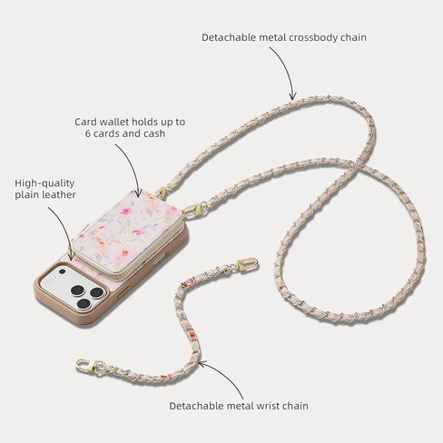 ZVE for iPhone 17 Pro Max Wallet Case Crossbody, Zipper Phone Cover with Chain Wrist Strap RFID Blocking for 6.9" Flower in Saudi Arabia