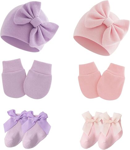 مجموعة من 2 قبعات وجوارب وقفازات للأطفال حديثي الولادة، جوارب قطنية لحديثي الولادة من البنات والأولاد in Kuwait