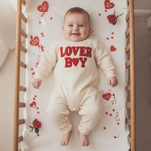 KMBANGI Newborn Baby Boy Valentines Day Romper Lover Boy Jumpsuit Long Sleeve Embroidered Bodysuit Sweatshirt Spring Clothes in Saudi Arabia