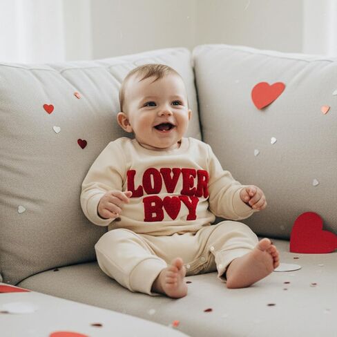 KMBANGI Newborn Baby Boy Valentines Day Romper Lover Boy Jumpsuit Long Sleeve Embroidered Bodysuit Sweatshirt Spring Clothes in Saudi Arabia