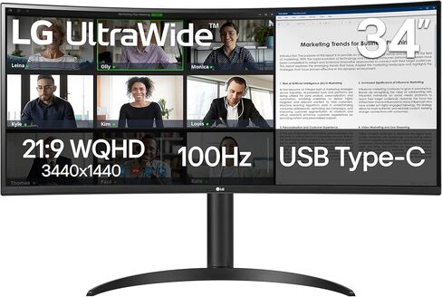 LG 34WR55QK-B 34 بوصة WQHD (3440 × 1440) شاشة الكمبيوتر المنحنية ، 100 هرتز ، 5 مللي ثانية ، HDR10 ، وضع القارئ ، HDMI ، DisplayPort ، USB Type-C ، Tilt/Height Stand ، Black in Kuwait