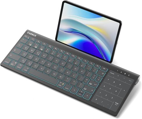 لوحة مفاتيح Inateck للكمبيوتر اللوحي، لوحة مفاتيح رقمية ولوحة لمس 2 في 1، حامل مخفي، 3 قنوات بلوتوث، إضاءة خلفية 7 ألوان، متوافقة مع iPadOS/Samsung/Android/Windows in Kuwait