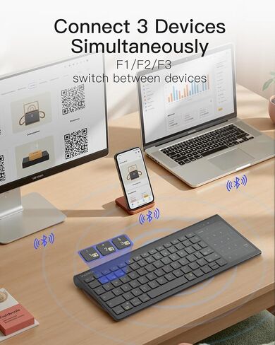 لوحة مفاتيح Inateck للكمبيوتر اللوحي، لوحة مفاتيح رقمية ولوحة لمس 2 في 1، حامل مخفي، 3 قنوات بلوتوث، إضاءة خلفية 7 ألوان، متوافقة مع iPadOS/Samsung/Android/Windows in Kuwait